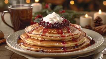 Delicious stack of pancakes topped with whipped cream and berry sauce, served on a festive table with cozy candles and coffee for breakfast