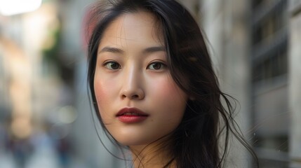 Obraz premium A vibrant photo captures a young woman's face with gently wind-blown hair, set against an outdoor urban background, showing freshness and youthfulness.