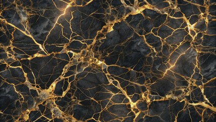 Luxurious black marble texture features intricate golden veins weaving through its dark surface, creating a seamless pattern for natural stone design elements.