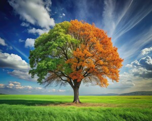 Fototapeta premium A solitary tree stands tall, its branches morphing from vibrant green to fiery orange, snowy white, and back to green, showcasing nature's cyclical beauty.