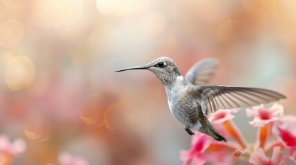 Fototapeta premium Beautiful hummingbird hovering near vibrant flowers with a soft, dreamy background. Perfect for nature and wildlife projects.