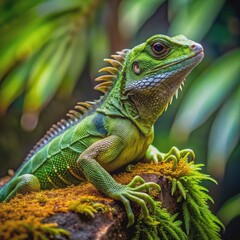 Naklejka premium Vibrant green lizard with scaly skin and spiky back perches on a weathered rock, surrounded by moss and ferns in a lush forest environment.