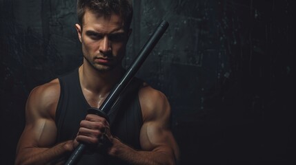A striking image of a strong man wielding a staff in a dark and focused setting, expressing strength, focus, and a commanding presence through intense lighting.