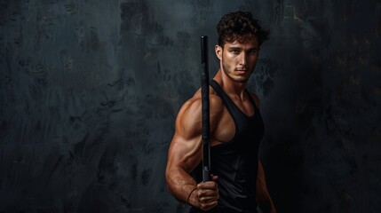 A fit man in a tank top holding a martial arts weapon, depicted in a dramatic and focused setting, showcasing his strength, discipline, and commanding aura.