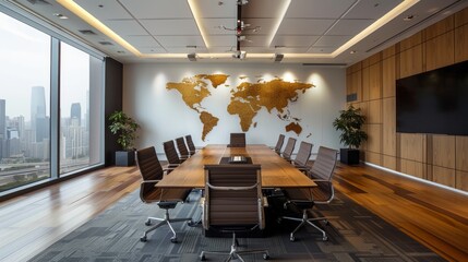 modern conference room, a modern meeting room with minimalist furniture and a world map reflects the diverse perspectives of global entrepreneurs
