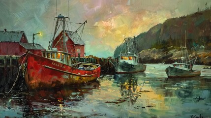 Fototapeta premium A tranquil evening harbor scene with fishing boats docked by the pier. The colorful sunset and calm waters reflect the peacefulness of the coastal setting.