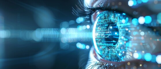 Close-up of a human eye with digital interface elements, representing technology, data, and innovation.