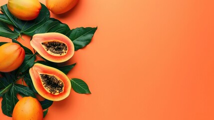 Freshly cut ripe papaya with green leaf on orange background flat lay space for text