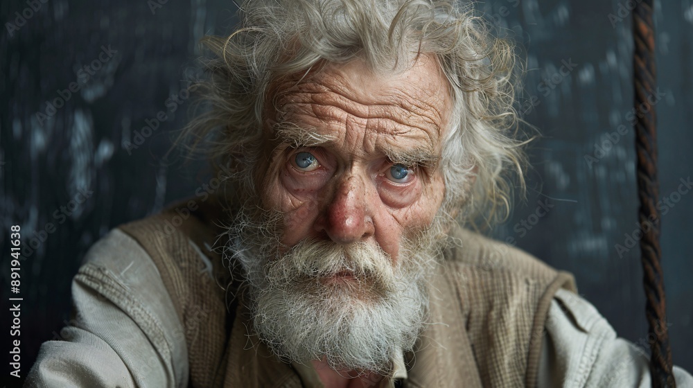 Poster homeless elderly american person with visible signs of sadness and starvation sitting under a bridge