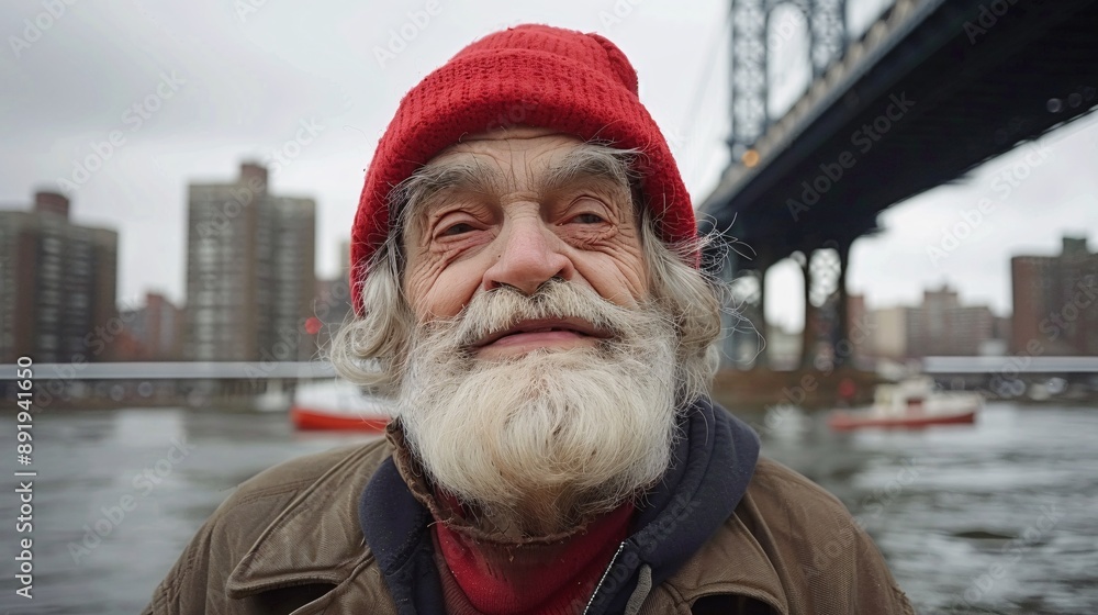 Poster homeless elderly american person with visible signs of sadness and starvation sitting under a bridge