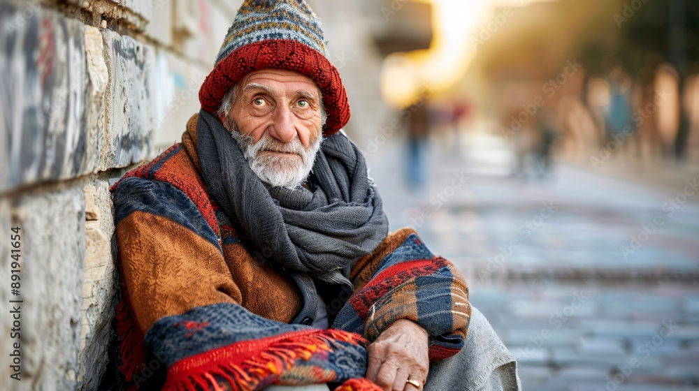 Poster homeless elderly american person with visible signs of sadness and starvation sitting under a bridge