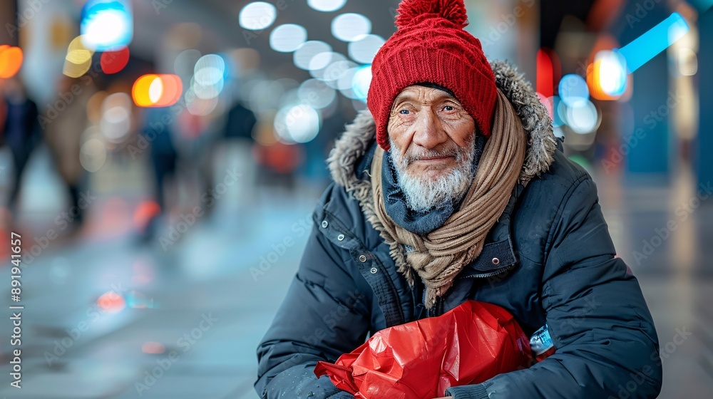 Poster homeless elderly american person with visible signs of sadness and starvation sitting under a bridge