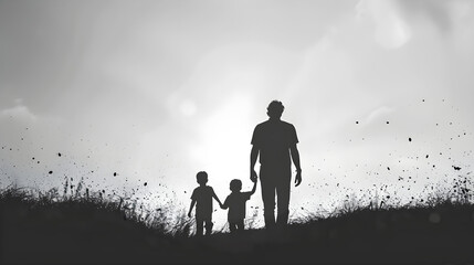 Silhouette of a father walking hand-in-hand with two children at sunset, symbolizing family love, connection, and bond; perfect for Father's Day and family-themed projects.
