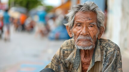 Starving elderly Asian individual with worn-out clothes sitting on the ground in a busy urban area tears streaming down their face Stock Photo with copy space