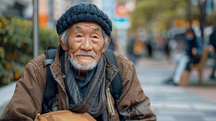 Starving elderly Asian individual with worn-out clothes sitting on the ground in a busy urban area tears streaming down their face Stock Photo with copy space