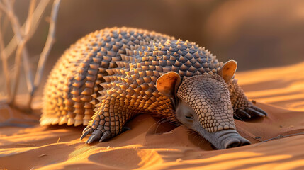 Obraz premium A serene armadillo peacefully sleeping on warm desert sands, showcasing intricate shell patterns and soft, golden tones. Ideal for nature lovers and wildlife enthusiasts.