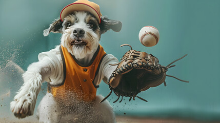 Energetic dog in baseball uniform catches a flying ball, showcasing excitement and action. Ideal for pet lovers, sports promotions, and playful marketing.