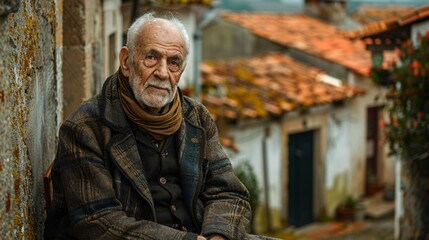 Obraz premium Elderly European individual with old torn clothes sitting on the ground in a rural village showing signs of distress and hunger Stock Photo with copy space
