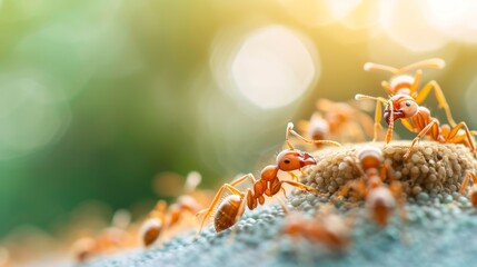 Close-up of ants working together on a mound of soil in a sunny, natural environment, highlighting teamwork and nature's small wonders.
