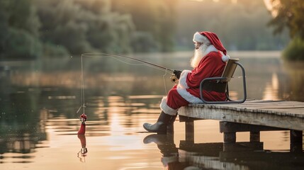 Santa Claus is sitting comfortably on a chair with a fishing rod at a calm lakeside, enjoying a peaceful moment surrounded by nature during the holiday season under warm sunlight.