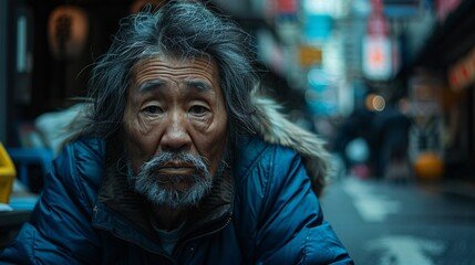 Obraz premium Distressed elderly Asian person with worn-out clothing sitting alone in an alley tears streaming down their face Stock Photo with copy space