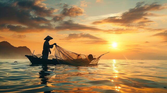 A solitary fisherman in a traditional hat is seen casting a net from his boat into the sea as the sun sets, creating a serene and timeless image of solitude and purposeful work. - Powered by Adobe