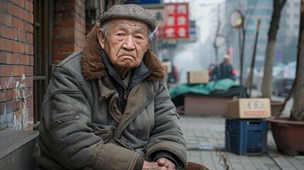 Fototapeta premium Starving elderly Asian individual with old torn garments sitting on the sidewalk in a busy city tears visible on their face Stock Photo with copy space