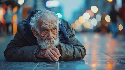 Obraz premium Homeless elderly American person with no clothes lying on the sidewalk in a busy urban area looking visibly starved and sad Stock Photo with copy space