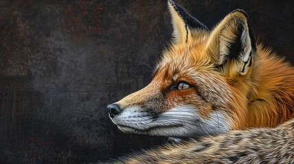 Obraz premium A side profile of a striking red fox captured against a dark background. The fox's sharp features and rich fur color stand out prominently, creating a dramatic contrast.