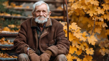 Elderly European person in old worn-out clothes sitting on the steps of a public park looking distressed and tearful Stock Photo with copy space