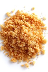 A high-resolution photograph of a pile of golden breadcrumbs, detailed and textured, top-down view.