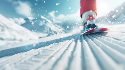 Close-up of snowboarder on fresh powder snow in a mountain landscape. Perfect winter sports and adventure concept.