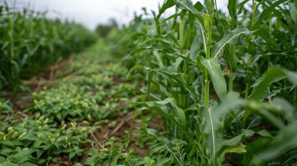 Obraz premium Close up of a green corn field with bindweed plants