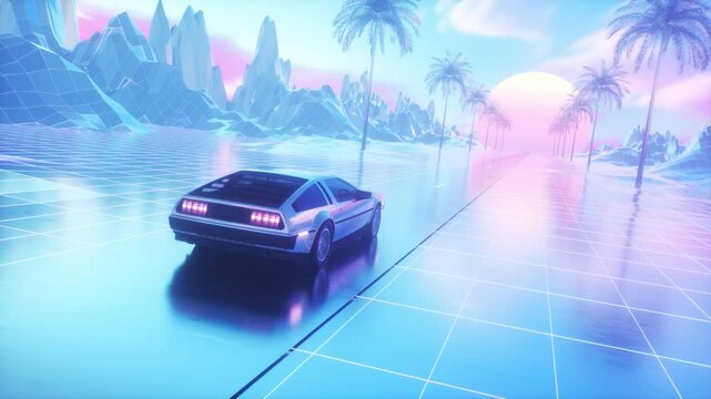 Riding Car and Landscape Colorful SynthWave Looped Background