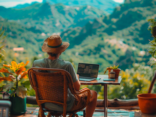 A man teleworking at a wooden table, surrounded by a serene landscape. with green mountains