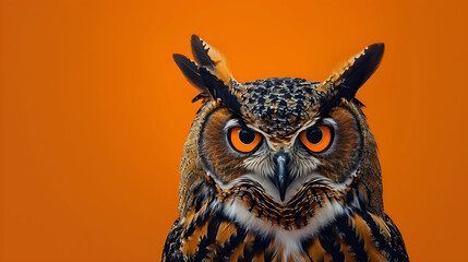 Fototapeta premium Captivating owl against a vibrant orange backdrop, showcasing its piercing eyes and intricate feather patterns. Perfect for wildlife enthusiasts and nature-themed projects.