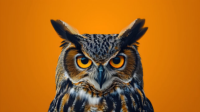 Capture attention with this striking owl portrait against a vibrant orange background. Ideal for wildlife enthusiasts and nature-themed projects. Features ample copy space.
