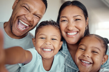 Happy, family and selfie with portrait in home for memory, bonding and together for childhood love or care. Photography, kids and embrace in house for profile picture, personal blog and photo album.