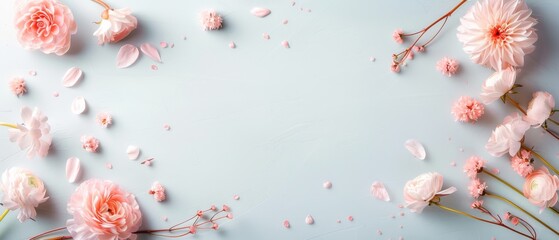 Delicate pink flowers and petals scattered on a light blue background, creating a soft and romantic floral frame. Perfect for spring themes.