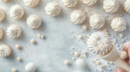 Delicious homemade meringue cookies being decorated with icing on a white marble countertop by a skilled baker, perfect for baking enthusiasts.