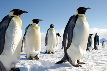 Fototapeta premium A group of Emperor penguins stands together on a snowy landscape under a clear blue sky