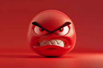 Naklejka premium red 3D angry face emoji, featuring a frowning mouth and furrowed brows, set against a solid red background. The intense expression and vibrant color convey strong feelings of anger and frustration