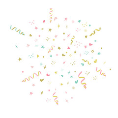 Bright confetti for parties and celebrations isolated on a white background. Festive template in bright colors to illustrate party, surprise, celebration, gift, birthday invitation. Defocused elements