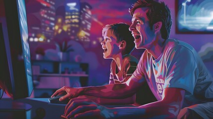 Fototapeta premium Sport fans. Joyful father and son watching online game on laptop computer and cheering, enjoying time together at home. 