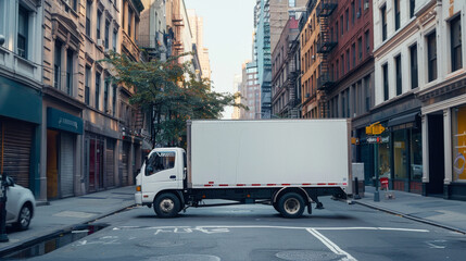 A white blank mockup of a delivery truck on a city street, in the style of a photorealistic