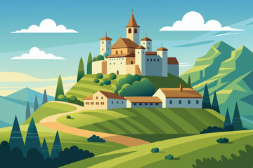 Castle Mountains Landscape. Travel Rural nature european background. Castle building on the hill skyline. stock illustration