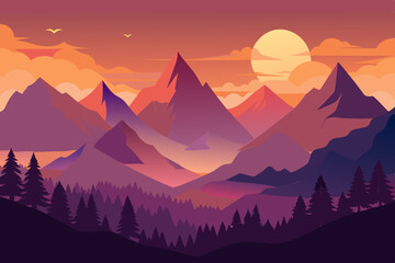 Mountain panoramic landscape with the silhouettes of the mountains against the dawn