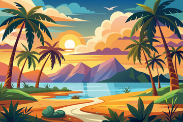 Summer landscape illustration with palms