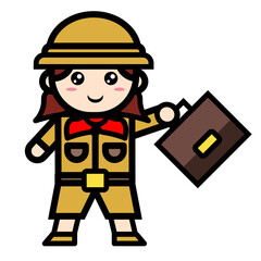 female archaeologist holding suitcase