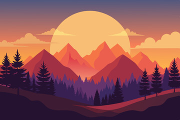 Sunset in the mountains, beautiful landscape, big sun, forest silhouette